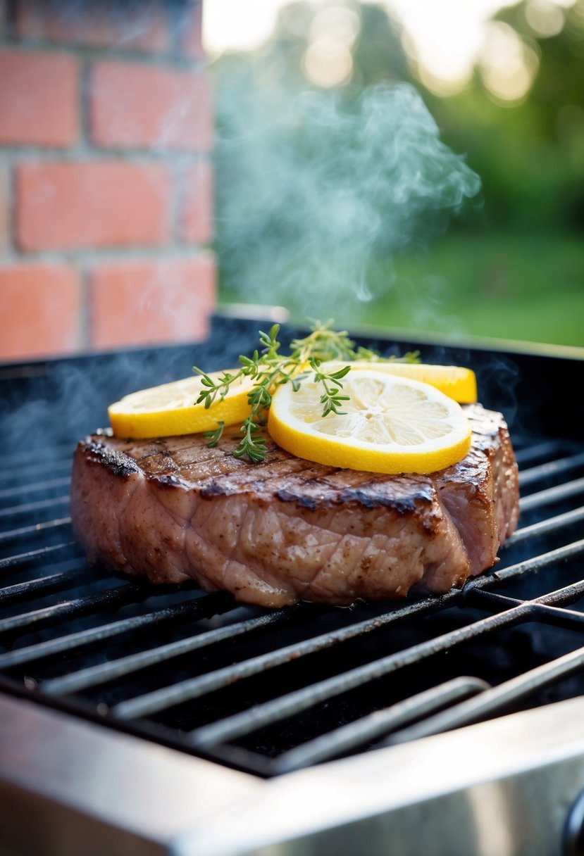 A sizzling round steak topped with fresh lemon slices and thyme sprigs on a grill