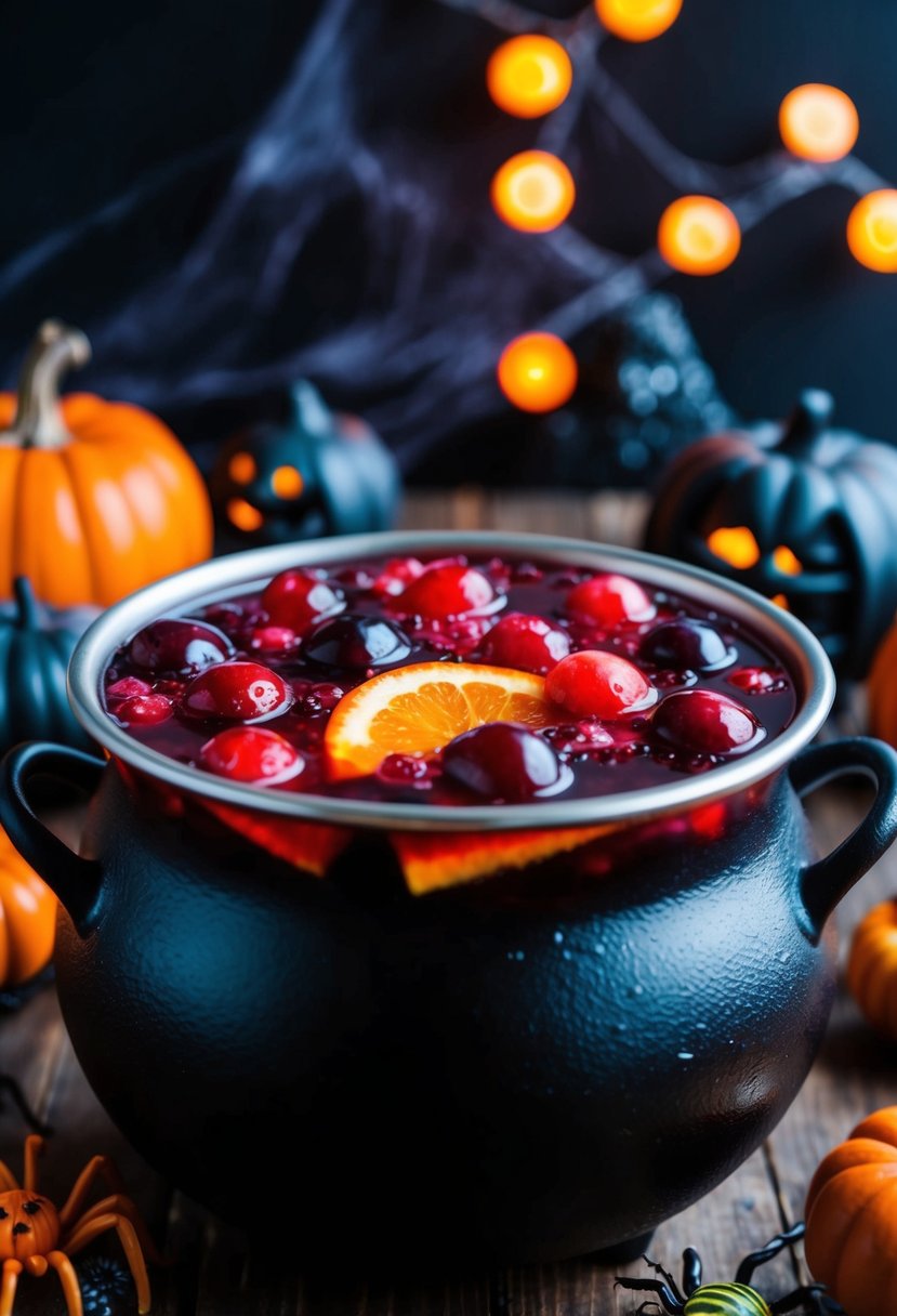 A bubbling cauldron filled with cranberry cocktail, surrounded by creepy crawlies and a spooky halloween atmosphere