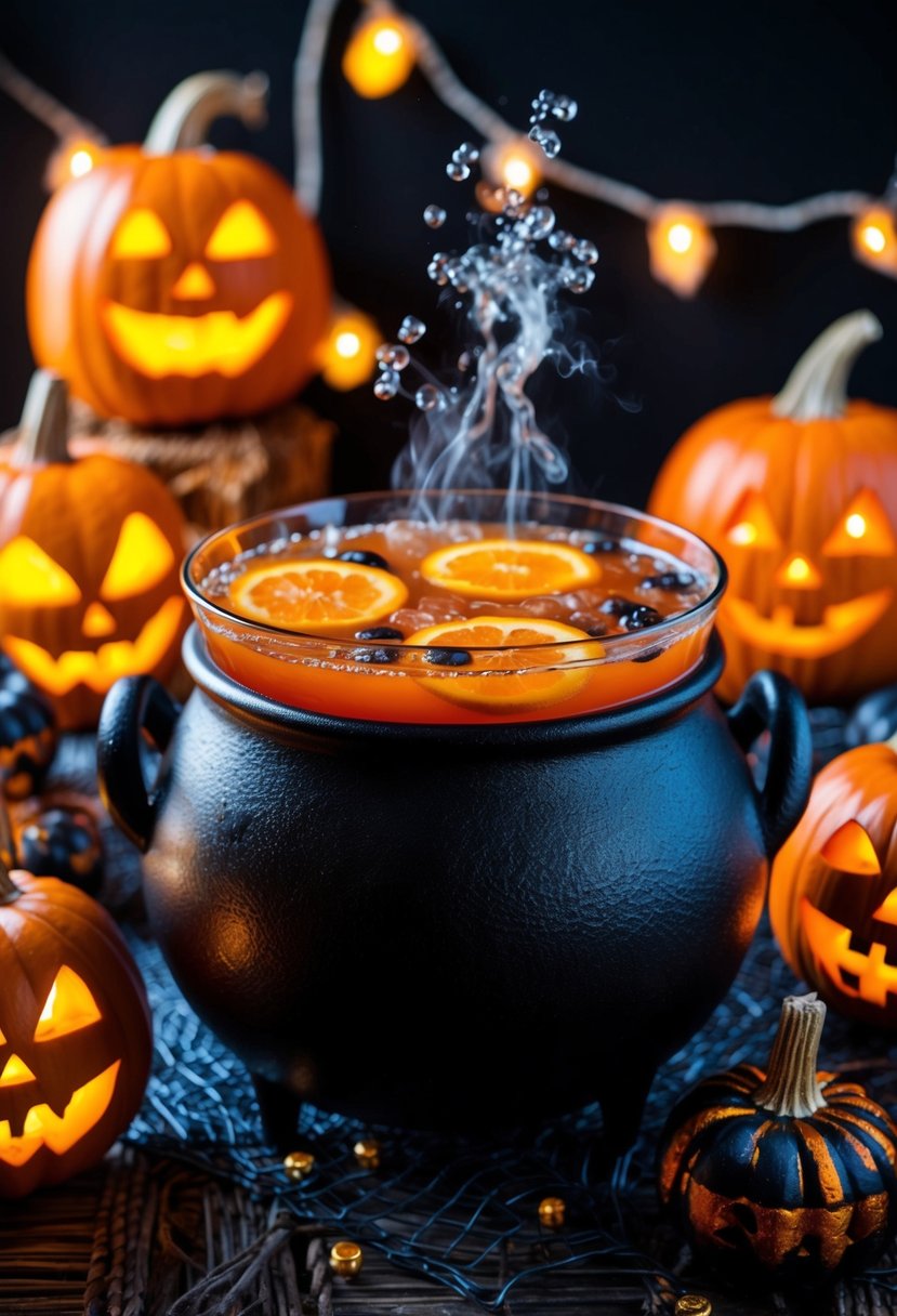 A bubbling cauldron filled with Goblin's Wash Rum Punch, surrounded by flickering jack-o-lanterns and eerie decorations