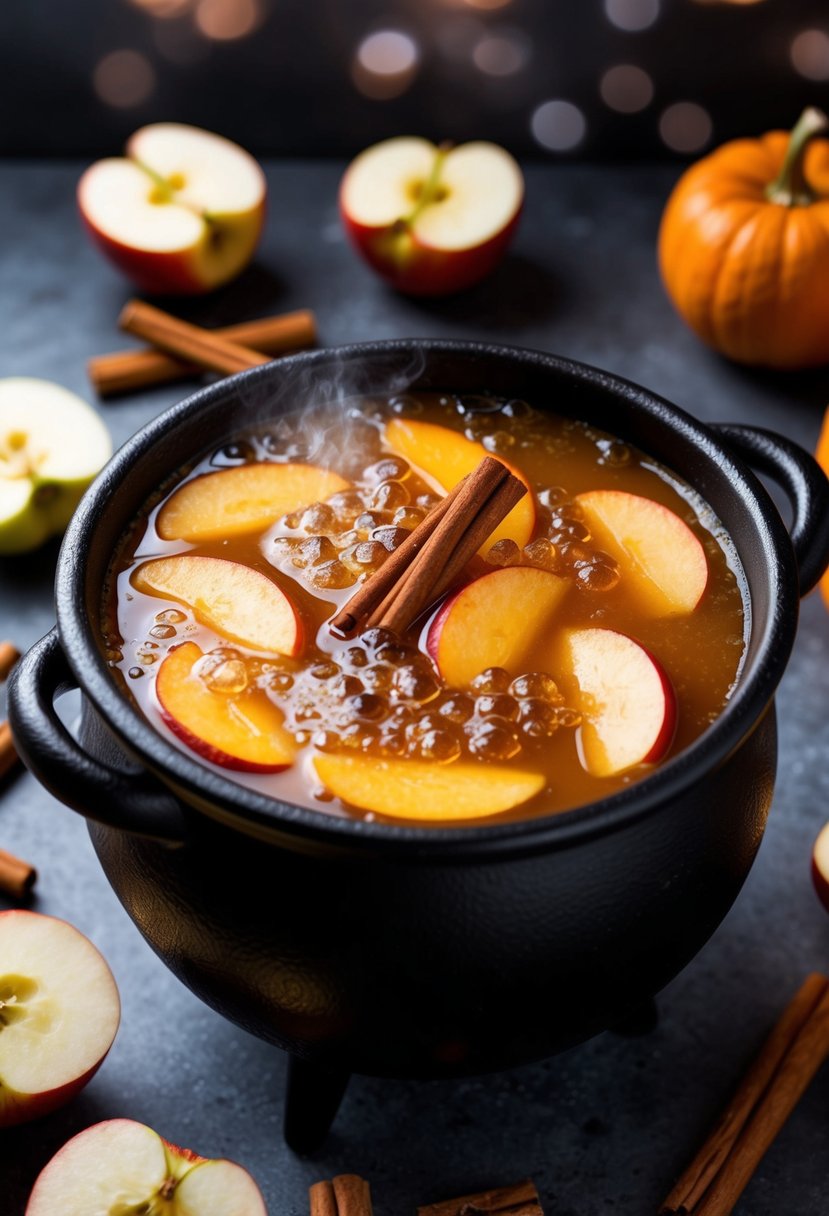 A bubbling cauldron filled with Pumpkin Spice Whiskey Smash punch, surrounded by floating apple slices and cinnamon sticks