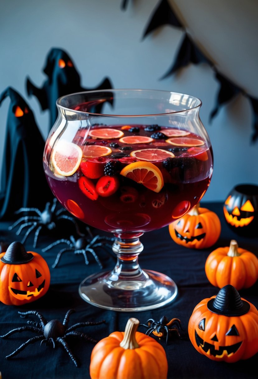 A large glass punch bowl filled with Bloody Berry Sangria sits on a table surrounded by spooky Halloween decorations. Red liquid and fruit slices float in the alcoholic concoction