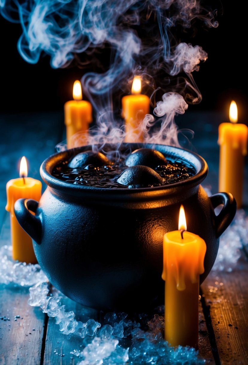 A cauldron filled with bubbling black liquid, surrounded by flickering candles and garnished with eerie dry ice smoke