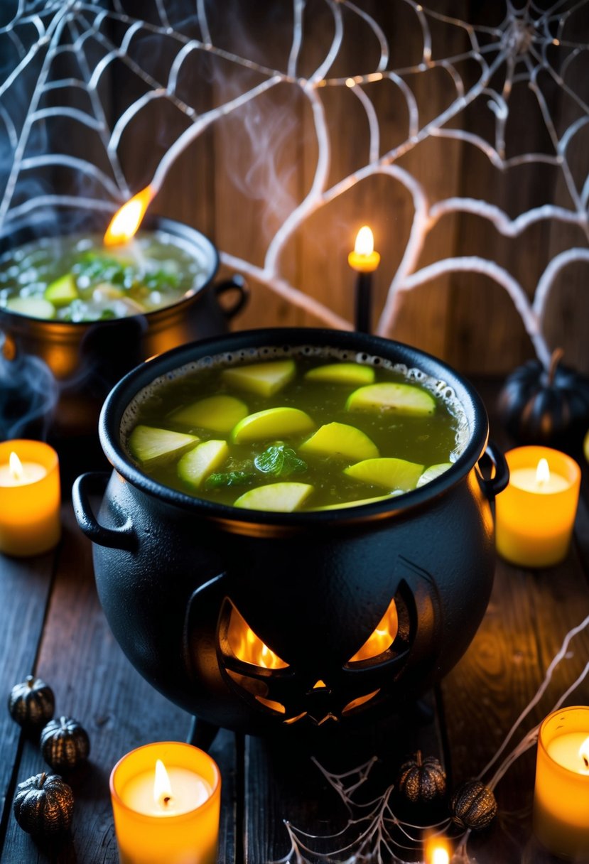 A bubbling cauldron filled with eerie green apple cider mojito punch, surrounded by flickering candles and spiderweb decorations