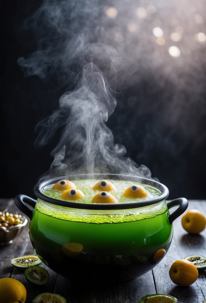 A bubbling cauldron filled with eerie green liquid, surrounded by floating eyeball-shaped fruit and a foggy mist rising from the punch bowl