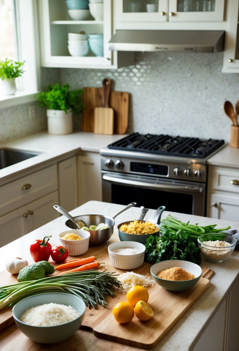 A kitchen counter with various cooking ingredients and utensils laid out for preparing a Rachel Ray recipe