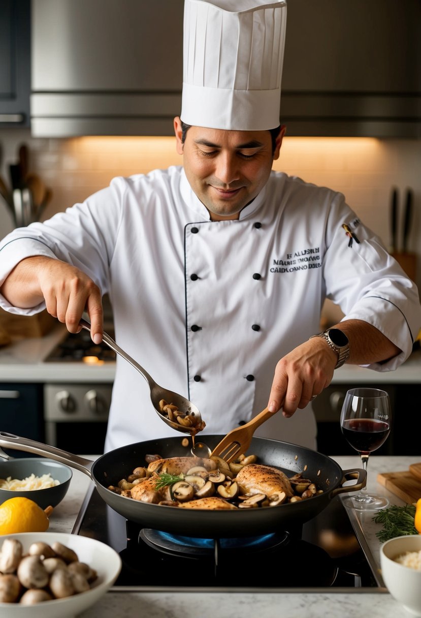 A chef sautéing chicken in a skillet with mushrooms, garlic, and Marsala wine, surrounded by ingredients and utensils on a kitchen counter