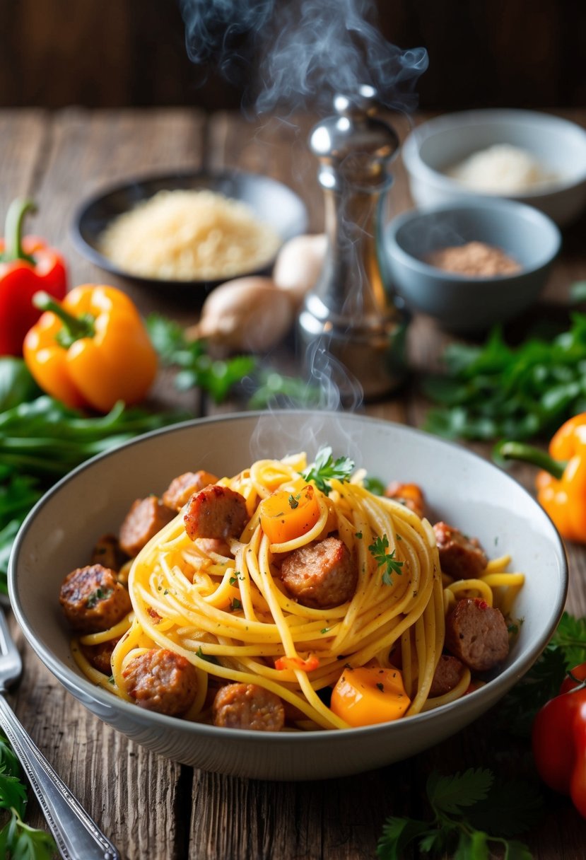 A steaming bowl of sausage and roasted pepper pasta sits on a rustic wooden table, surrounded by fresh ingredients and cooking utensils