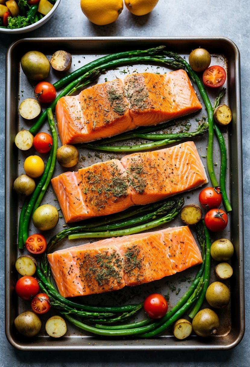 A sheet pan with seasoned salmon fillets surrounded by assorted vegetables, ready for roasting in the oven