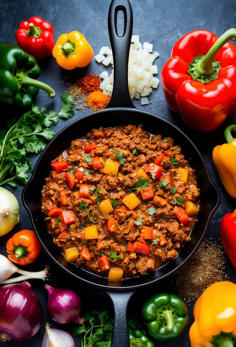 A sizzling skillet of spicy Sloppy Joes simmering with ground beef, onions, and peppers, surrounded by a colorful array of fresh ingredients and seasonings