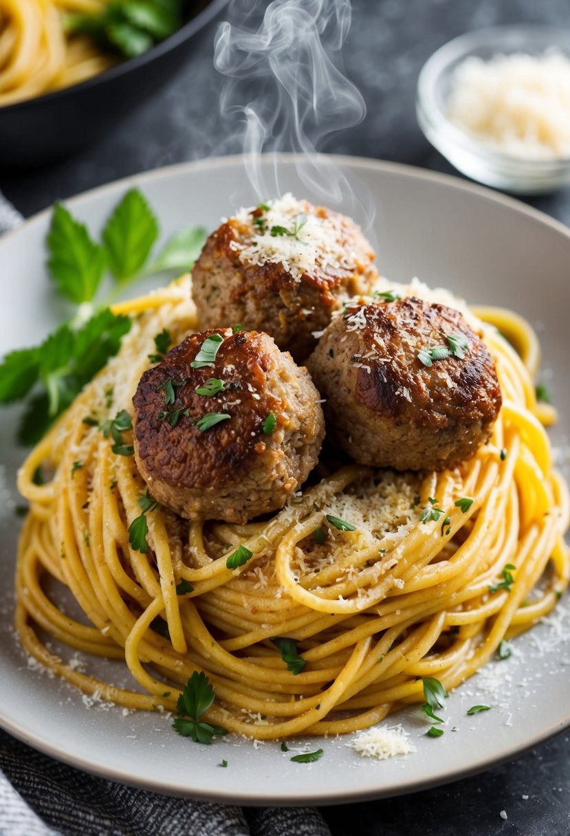 A steaming plate of spaghetti topped with perfectly browned meatballs, garnished with fresh herbs and grated cheese