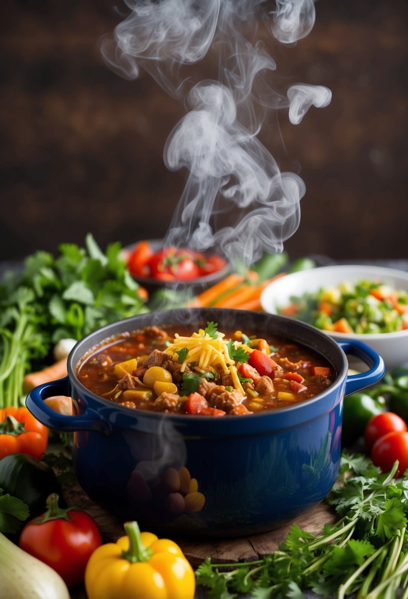 A bubbling pot of turkey chili surrounded by an array of colorful vegetables and herbs, steam rising from the hearty, veggie-loaded stew