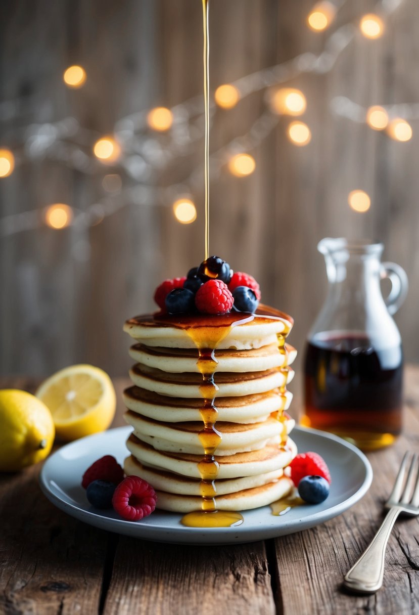 A stack of Lemon-Ricotta Pancakes topped with fresh berries and drizzled with maple syrup on a rustic wooden table