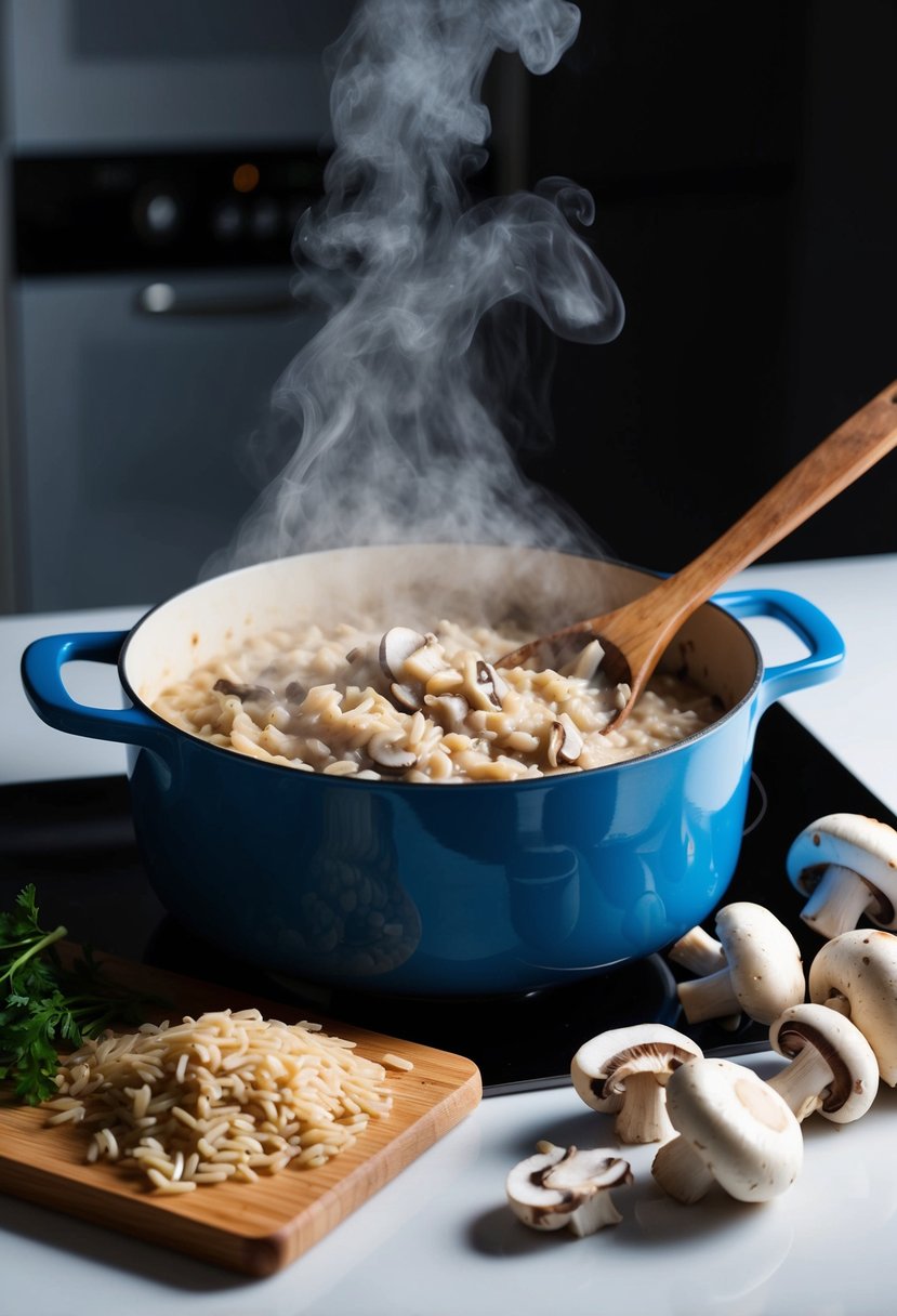 A pot of creamy mushroom risotto simmers on a stove, steam rising as a wooden spoon stirs the mixture. Chopped mushrooms and Arborio rice sit on a cutting board nearby