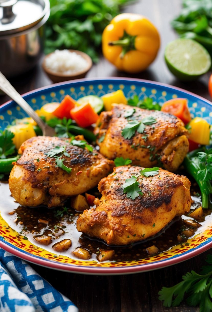 A sizzling Cajun Blackened Chicken dish on a colorful plate, surrounded by vibrant vegetables and herbs