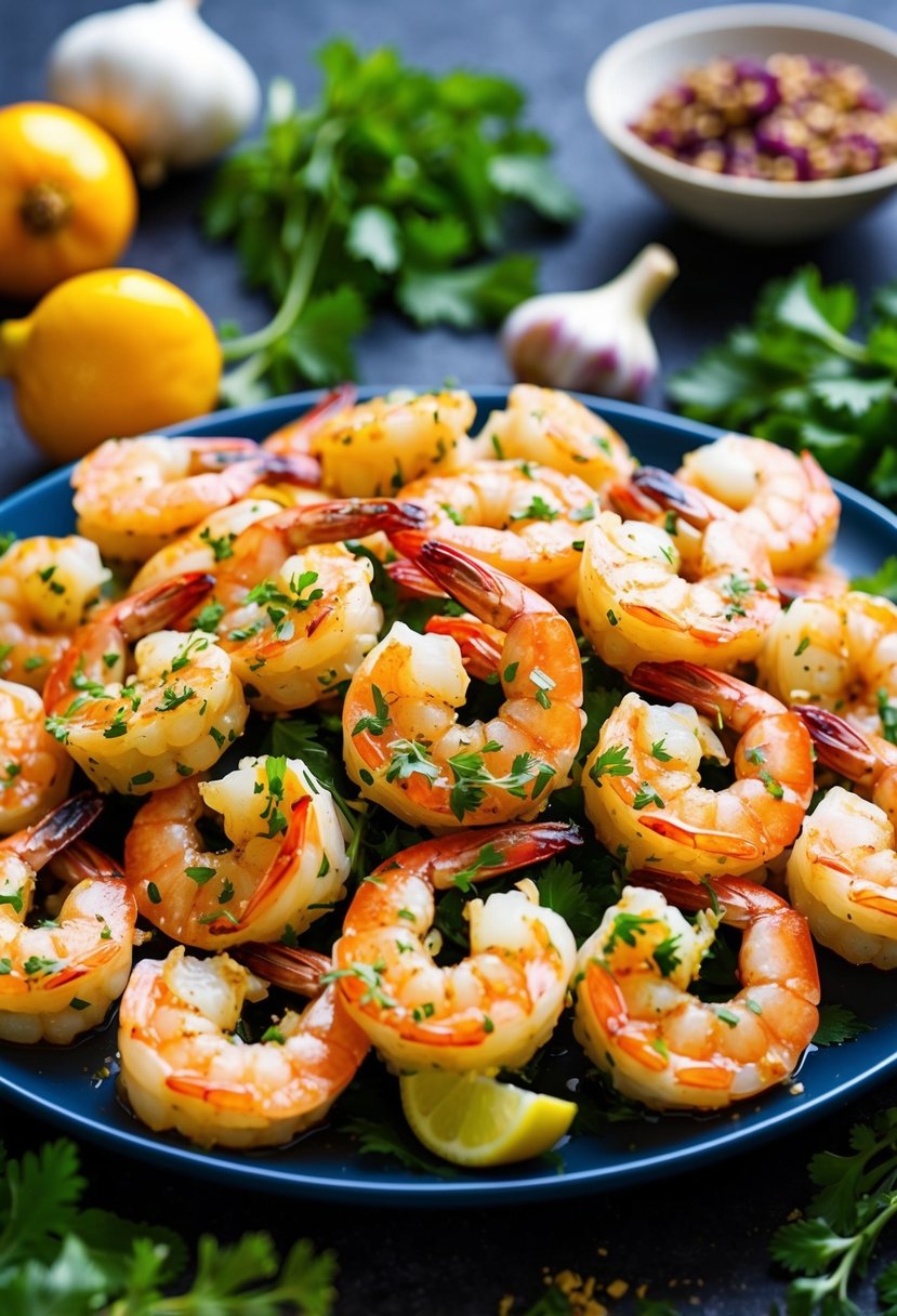 A platter of succulent shrimp coated in garlic and herbs, surrounded by vibrant fresh ingredients