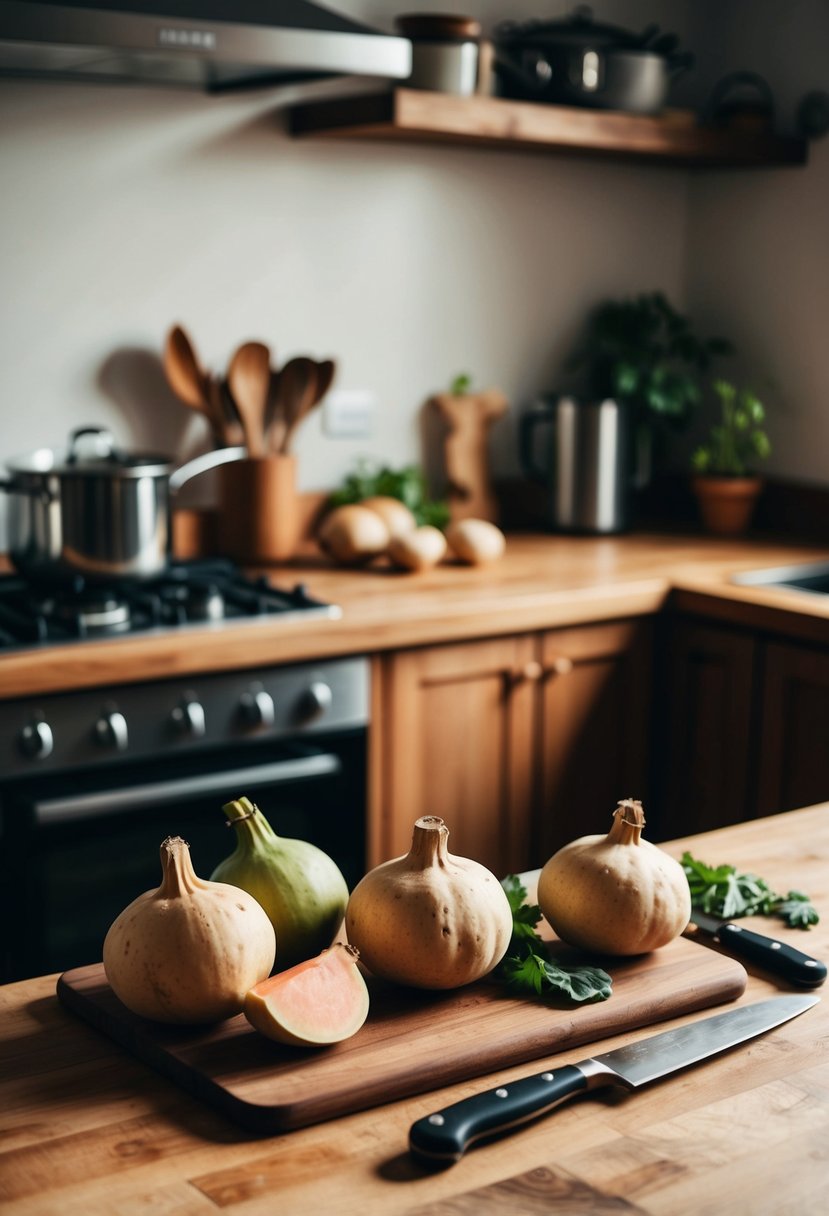 A rustic kitchen with fresh rutabagas, a cutting board, and various cooking utensils on a wooden countertop