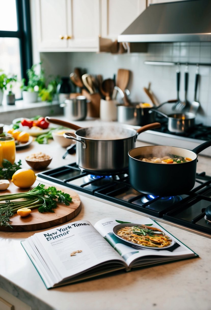 A bustling kitchen with ingredients and utensils scattered on the counter, a pot simmering on the stove, and a cookbook open to a page of New York Times dinner recipes