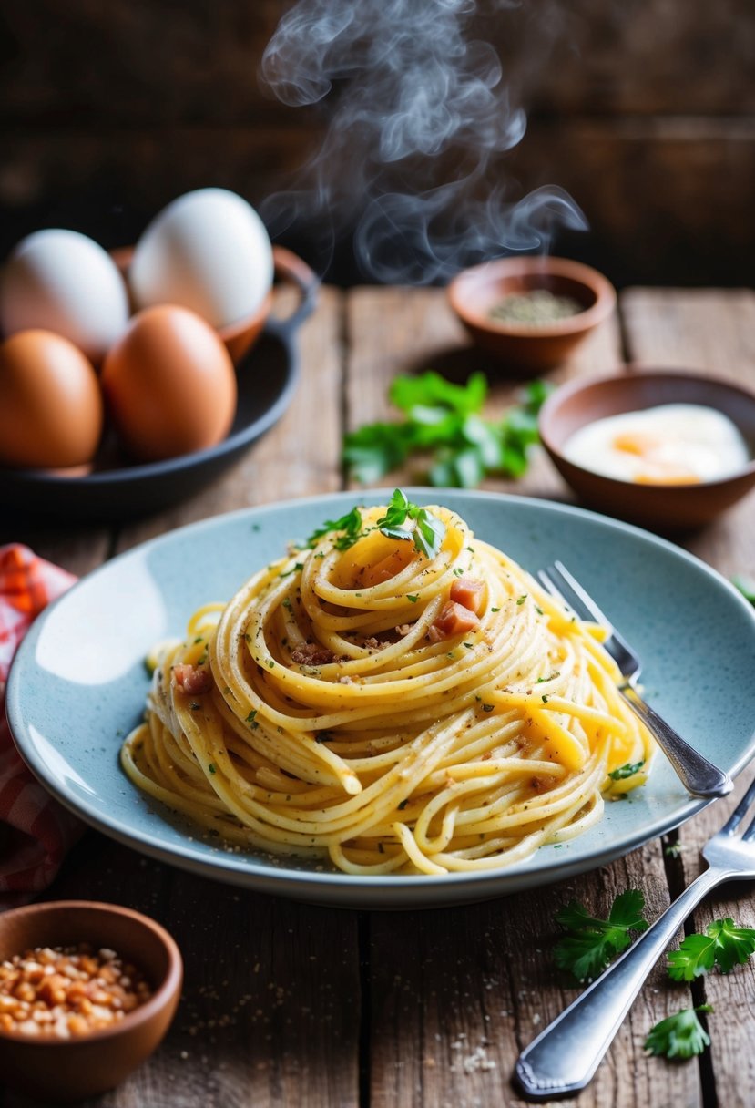 A steaming plate of spaghetti carbonara sits on a rustic wooden table, surrounded by ingredients like eggs, pancetta, and freshly cracked black pepper