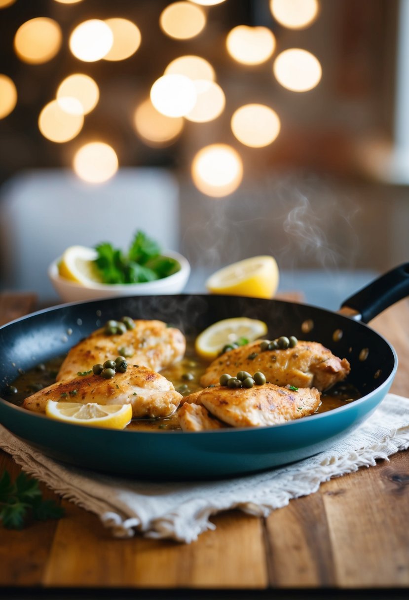 A sizzling pan of chicken piccata with capers and lemon slices