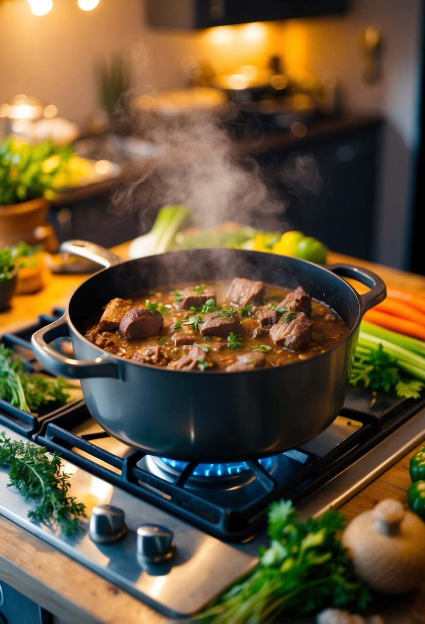 A steaming pot of Beef Bourguignon simmers on a rustic stove, surrounded by fresh herbs and vegetables. A cozy kitchen glows in the soft evening light