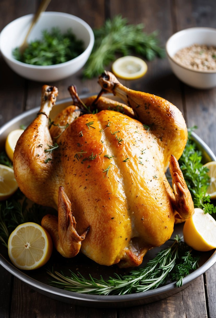 A golden roast chicken surrounded by fresh herbs and lemon slices on a rustic wooden table