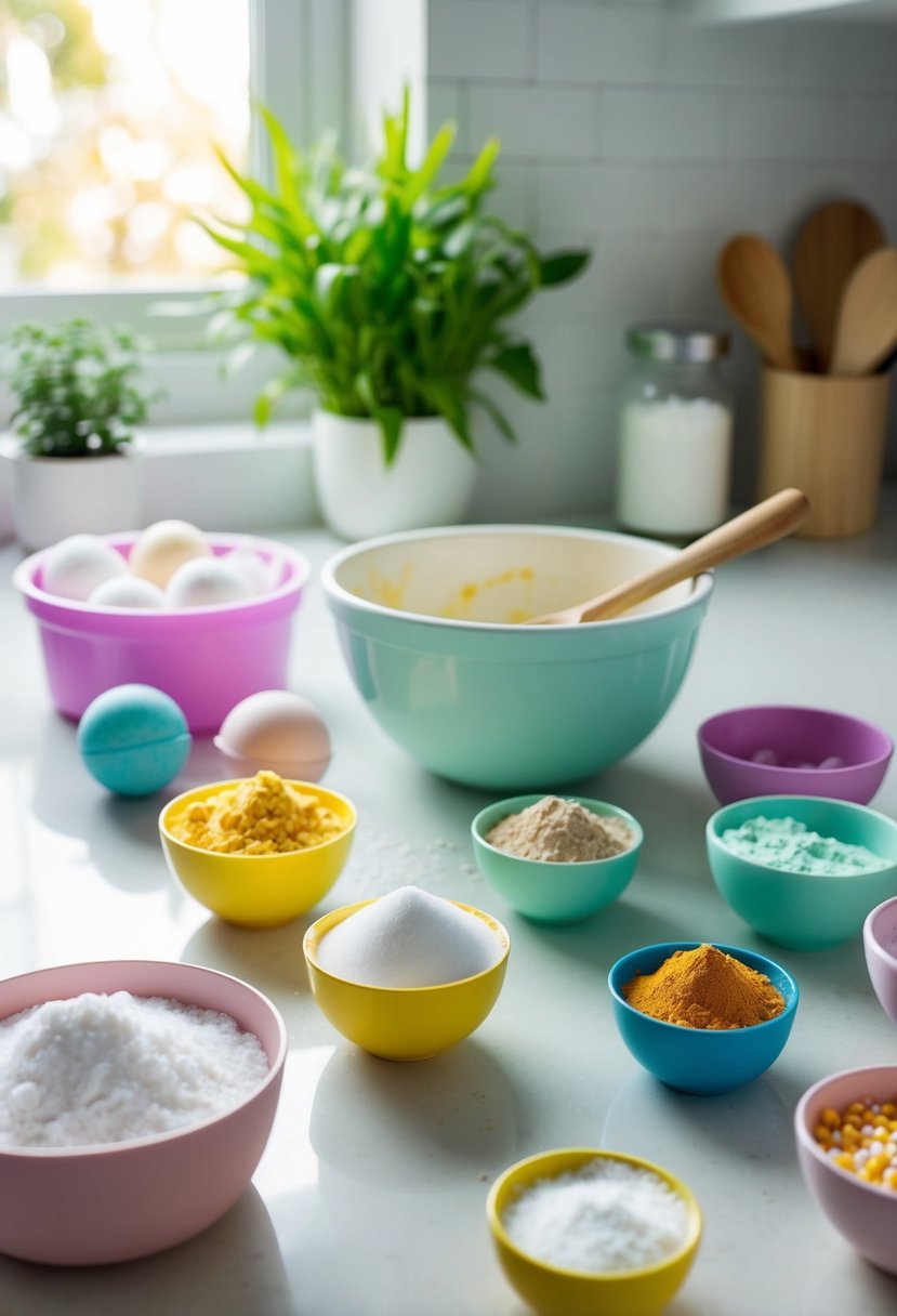 A colorful array of ingredients and molds on a clean kitchen counter, with a mixing bowl and spoon ready for creating homemade bath bombs