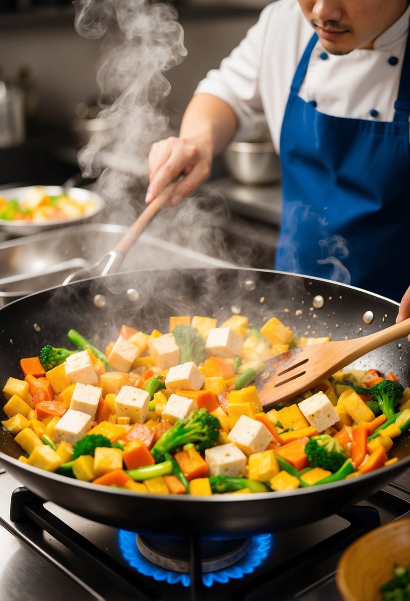 A sizzling wok filled with colorful vegetables and cubes of tofu, steam rising, as a chef stirs the stir-fry with a wooden spatula