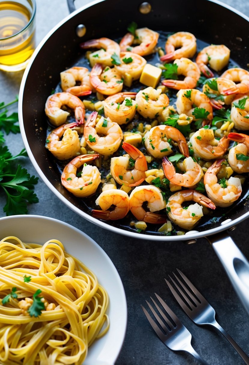 A sizzling skillet of shrimp scampi with garlic, butter, and parsley, served alongside a bed of al dente linguine