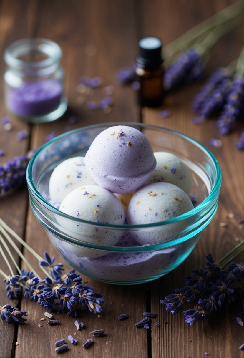 A clear glass bowl filled with lavender-scented bath bomb mixture, surrounded by dried lavender flowers and essential oils