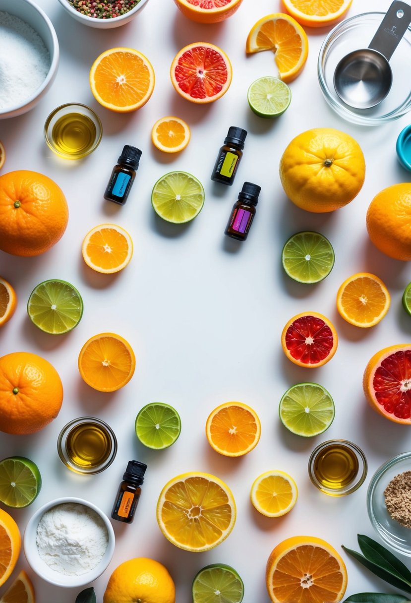 A colorful assortment of citrus fruits and essential oils arranged on a clean white surface, surrounded by mixing bowls and utensils