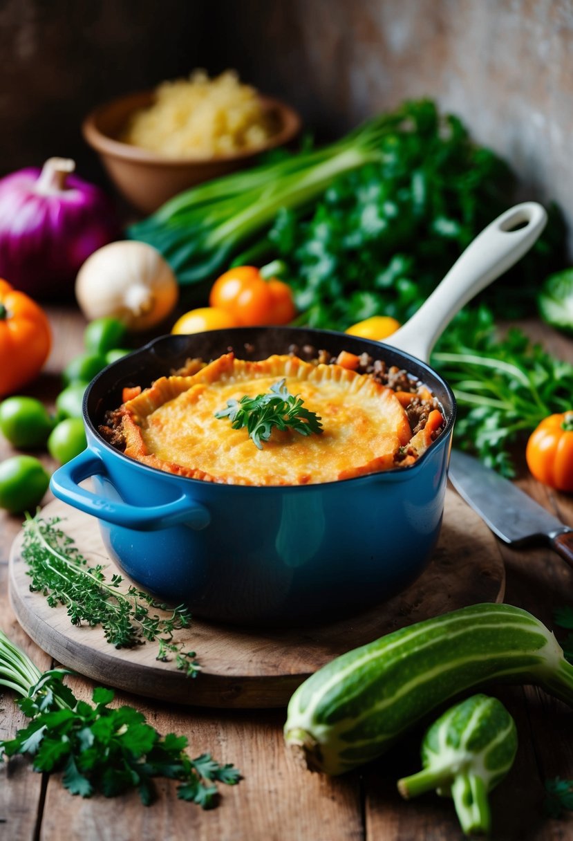 A rustic kitchen with a bubbling pot of rutabaga shepherd's pie, surrounded by fresh vegetables and herbs