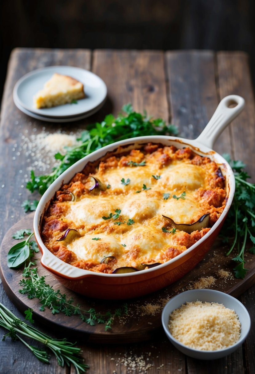 A bubbling casserole dish of golden-brown eggplant Parmesan sits on a rustic wooden table, surrounded by fresh herbs and a scattering of breadcrumbs