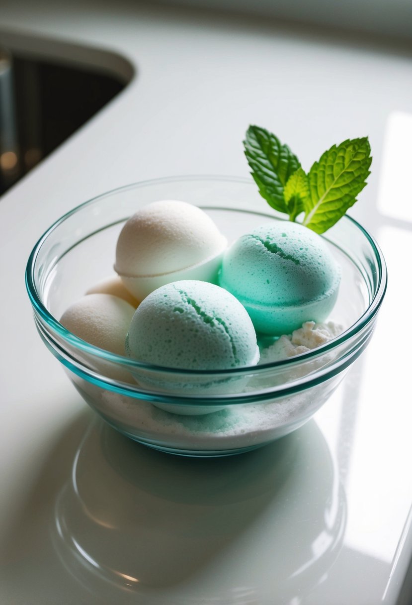 A clear glass bowl filled with ingredients for making Vanilla Mint Fizz bath bombs sits on a clean, white countertop. A mint leaf rests on the side