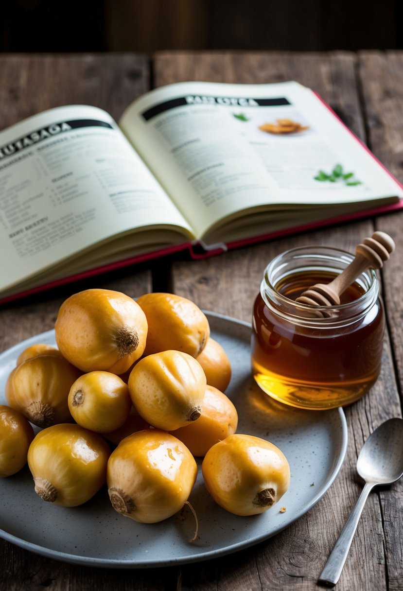 A rustic kitchen table with a pile of honey-glazed rutabagas, a jar of honey, and a recipe book open to rutabaga recipes