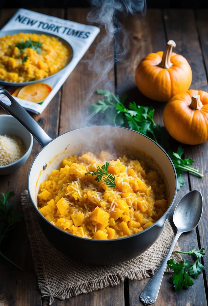 A steaming pot of butternut squash risotto on a rustic wooden table, surrounded by fresh ingredients and a copy of the New York Times recipe