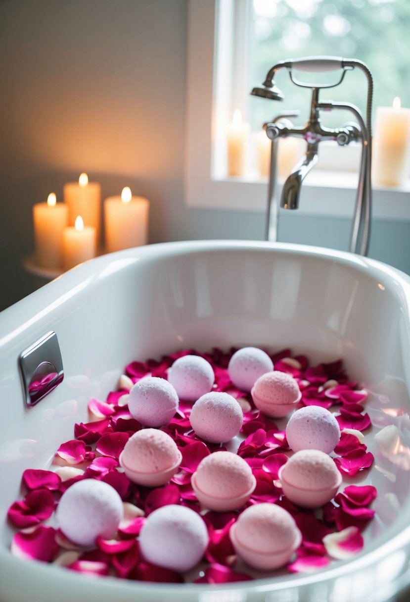 A serene bathtub filled with rose petals and homemade bath bombs, surrounded by soft candlelight and a tranquil atmosphere