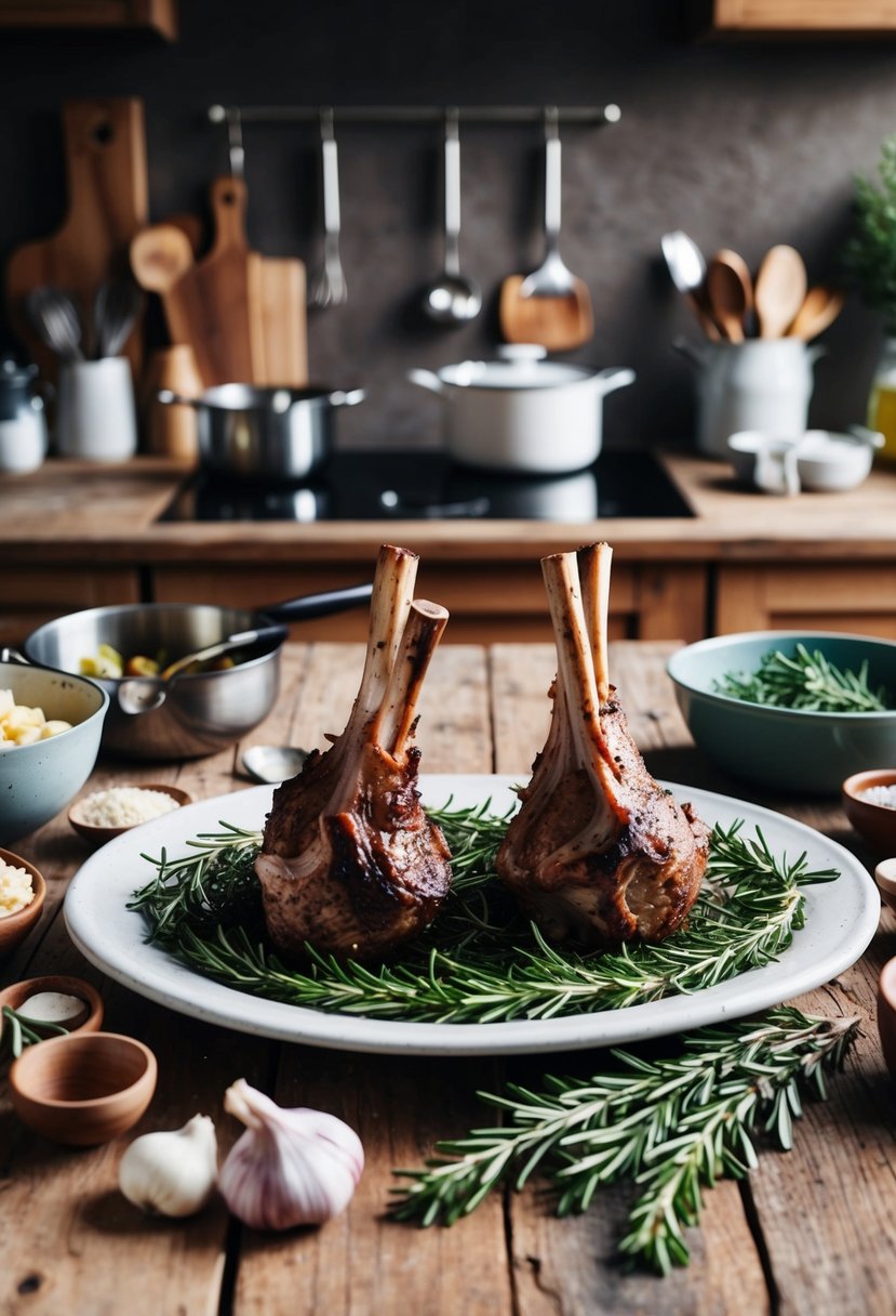 A rustic kitchen table set with two lamb shanks on a bed of rosemary, surrounded by various cooking utensils and ingredients