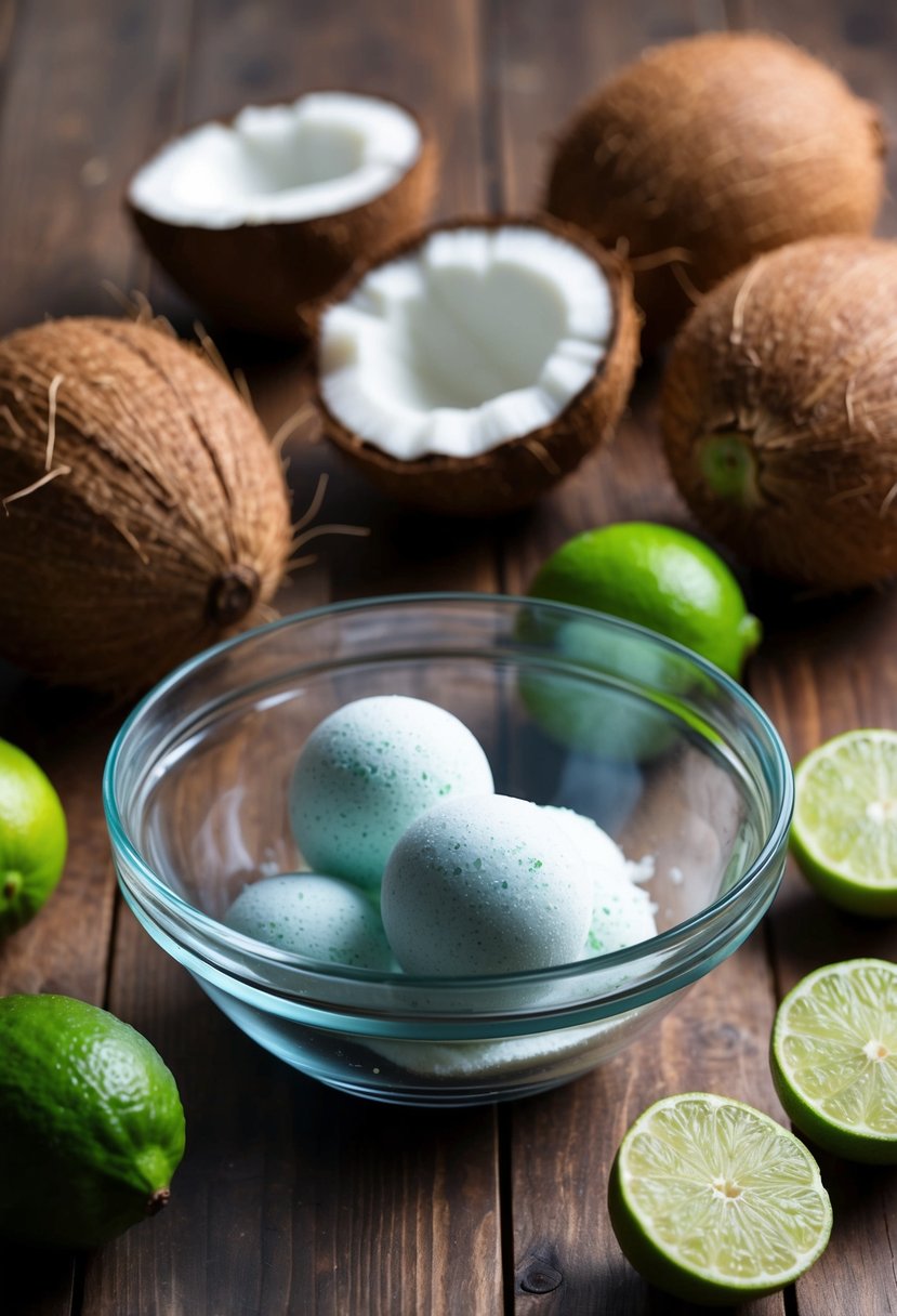 A clear glass bowl filled with ingredients for Coconut Lime Breeze bath bombs sits on a wooden table, surrounded by fresh coconuts and limes