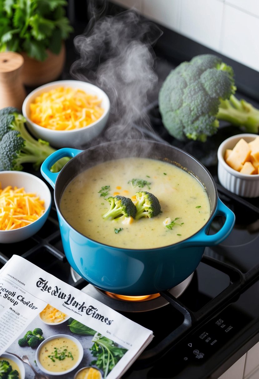 A steaming pot of broccoli cheddar soup simmers on a stovetop, surrounded by fresh ingredients and a copy of the New York Times recipe