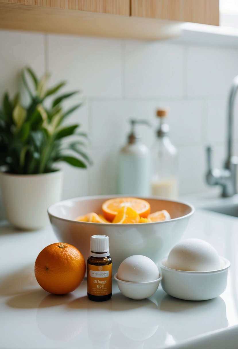 A bowl of ingredients, including orange essential oil and citric acid, sits on a clean kitchen counter. A mold for bath bombs is nearby, ready to be filled and shaped