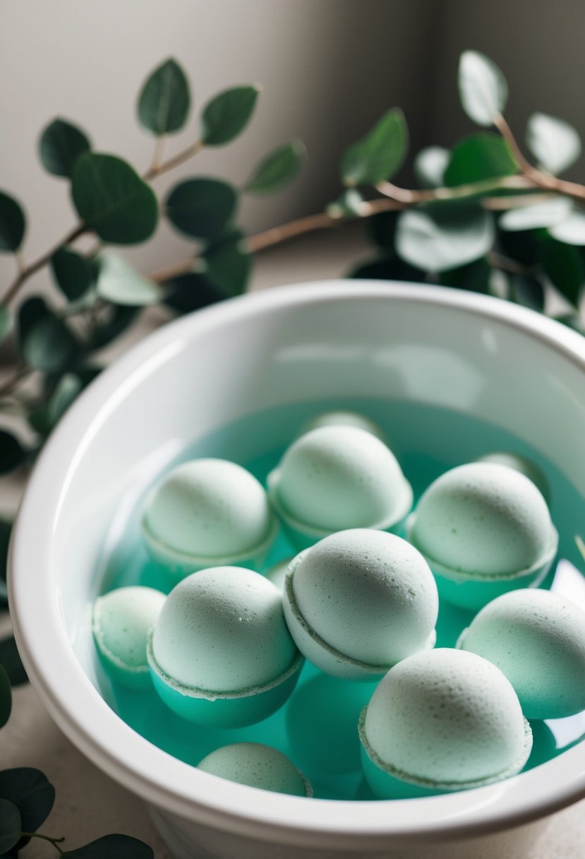 A relaxing bath filled with eucalyptus-scented bath bombs, surrounded by green eucalyptus leaves and a serene atmosphere