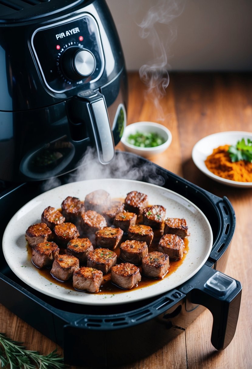 A sizzling plate of steak bites cooking in an air fryer, surrounded by a cloud of steam and the aroma of savory spices