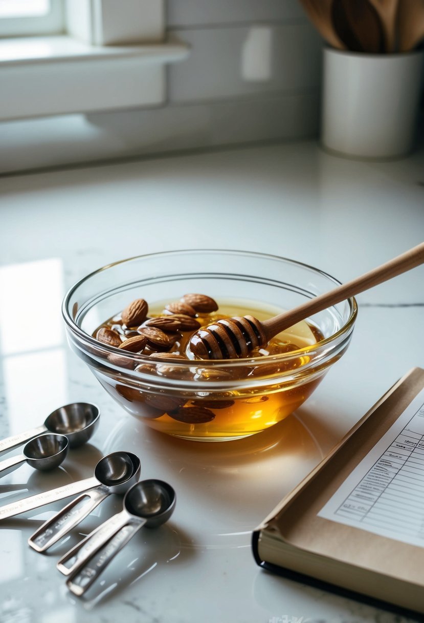 A clear glass bowl filled with honey, almonds, and other ingredients sits on a clean white countertop, surrounded by various measuring spoons and a recipe book