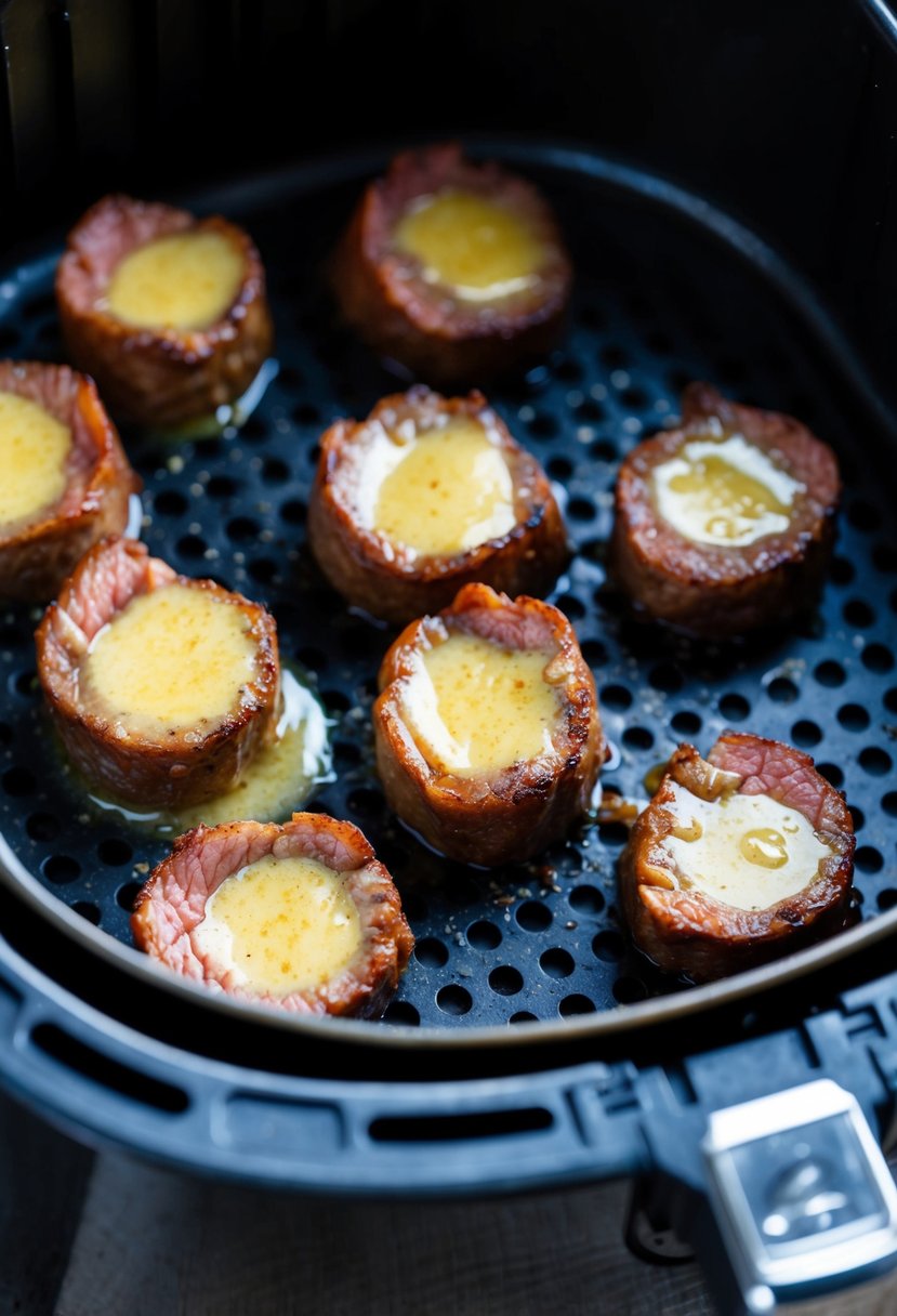 Steak bites sizzling in garlic butter in an air fryer