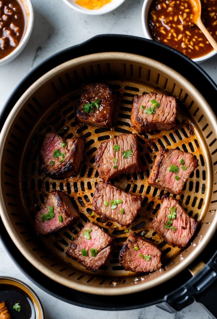 Juicy steak bites sizzling in an air fryer, surrounded by Korean BBQ marinade and a hint of charred edges