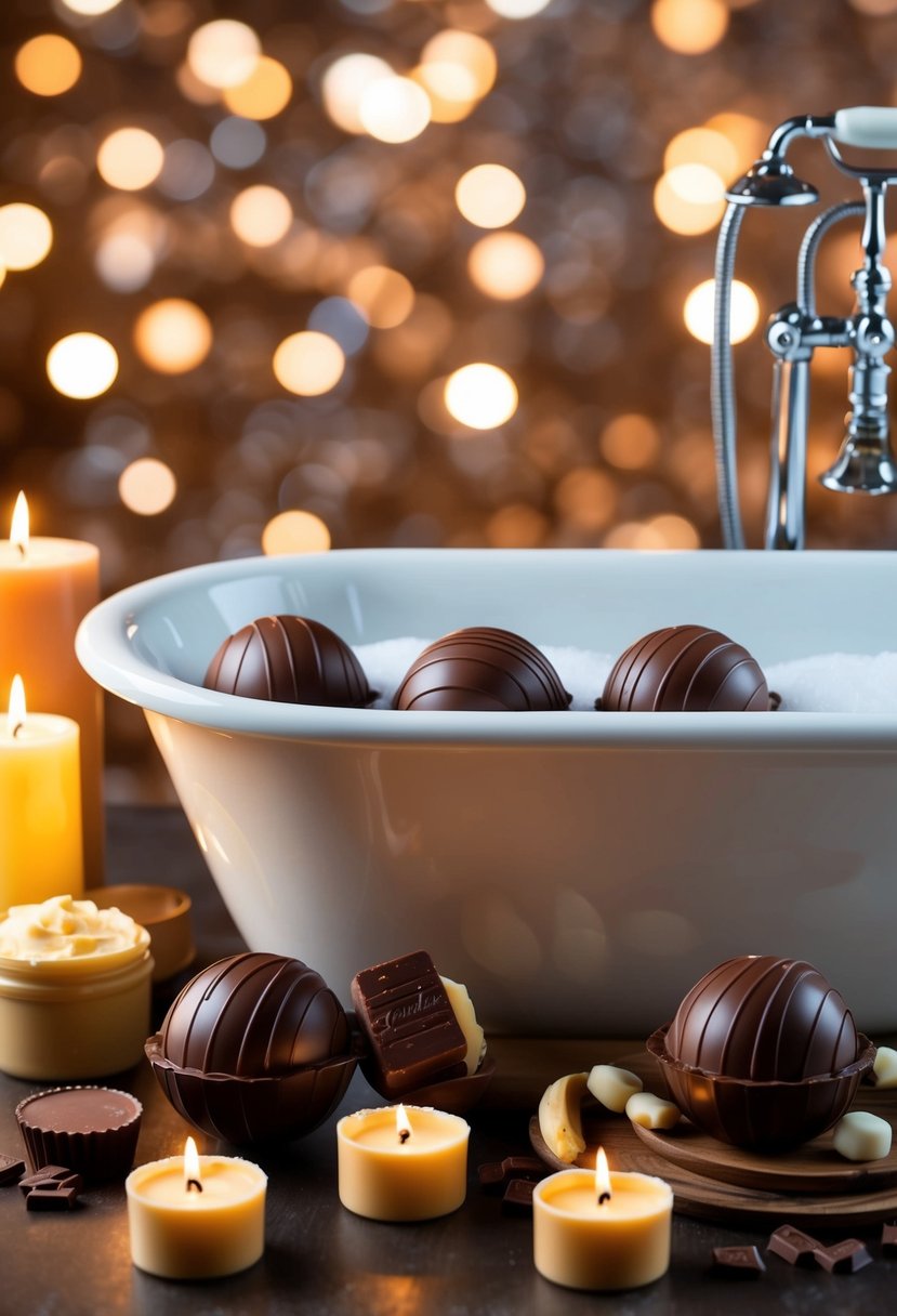 A luxurious bath filled with chocolate-scented bath bombs, surrounded by cocoa butter and vanilla candles