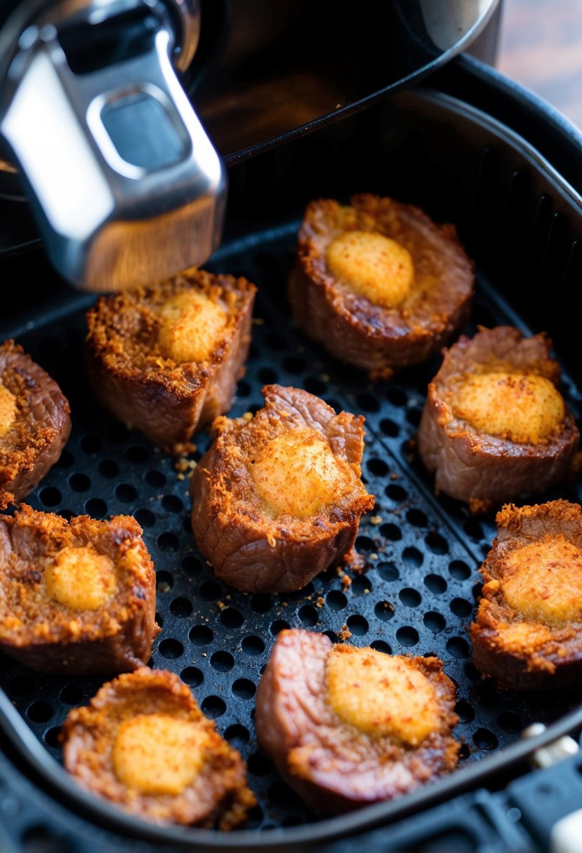 Juicy steak bites sizzling in the air fryer, coated in Cajun spices, with a golden brown crust forming on the outside