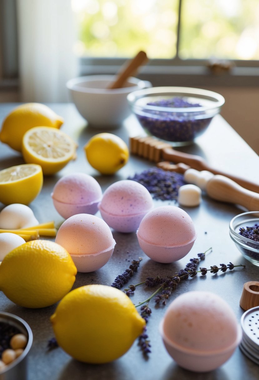 A table covered in ingredients and tools for making Lemon Lavender Twist bath bombs