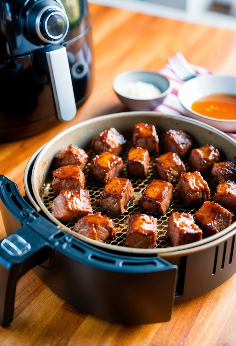 Steak bites sizzling in an air fryer, coated in honey soy glaze