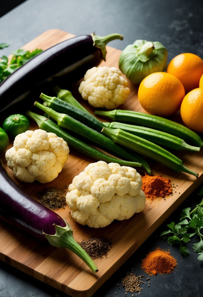 A vibrant array of Indian vegetables, including eggplant, okra, and cauliflower, arranged on a wooden cutting board. Spices and herbs are scattered around the vegetables